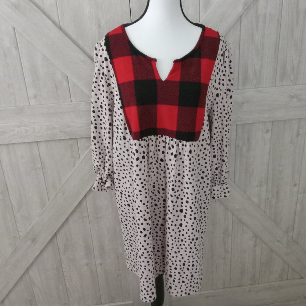 BEESON RIVER-Babydoll Dalmatian Spotted Print Buffalo Red Plaid Dress Medium-NWT